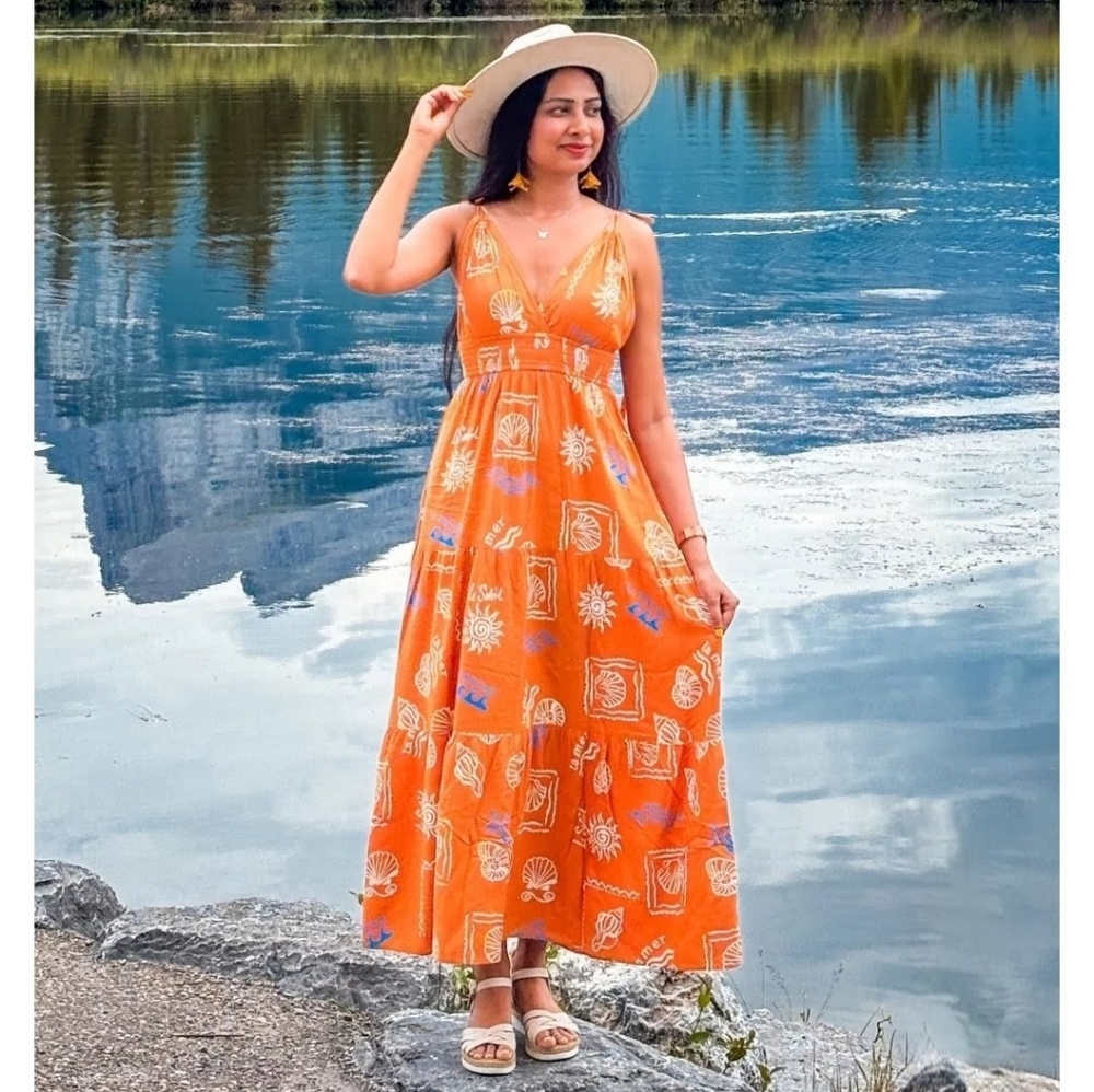 NWOT Patrons of Peace Nautical Print Smocked Waist Maxi Dress Tie Shoulder Small